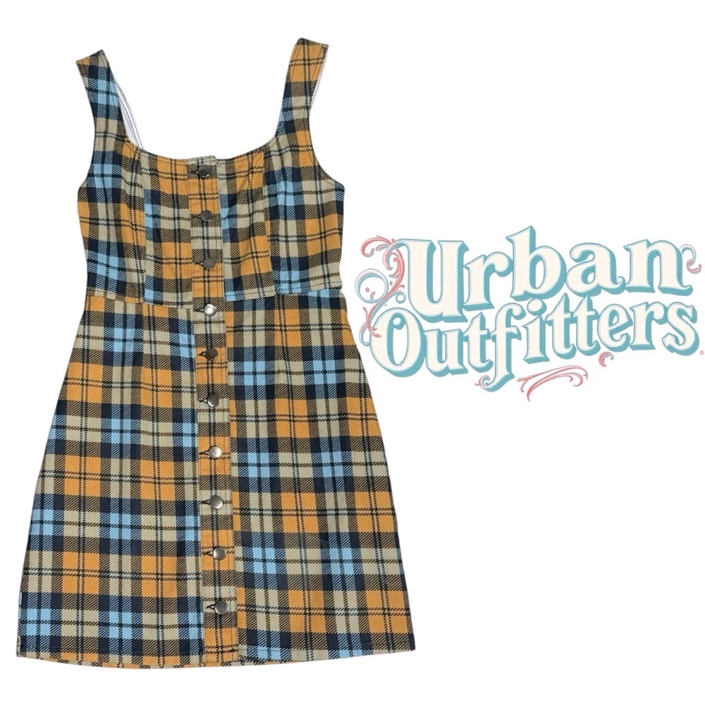 Urban Outfitters aqua blue yellow plaid denim 90’s Clueless Mini Dress Size 4 - Picture 4 of 9